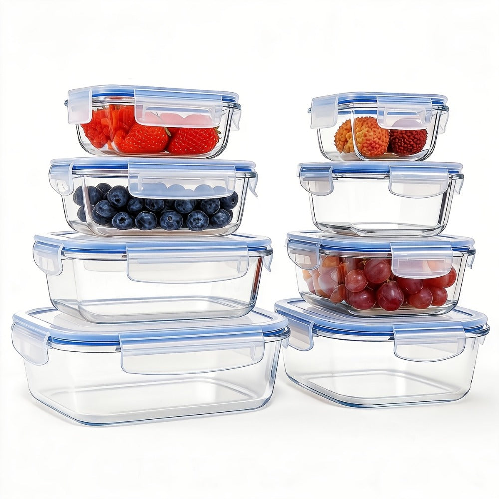 Glass Food Storage Containers 16-Piece Set 8 Glass Bowls with 8 Sealed Lids BPA Free Dishwasher Microwave Refrigerator Safe Meal Prep Containers Bento Boxes in Blue Grey Green Assorted