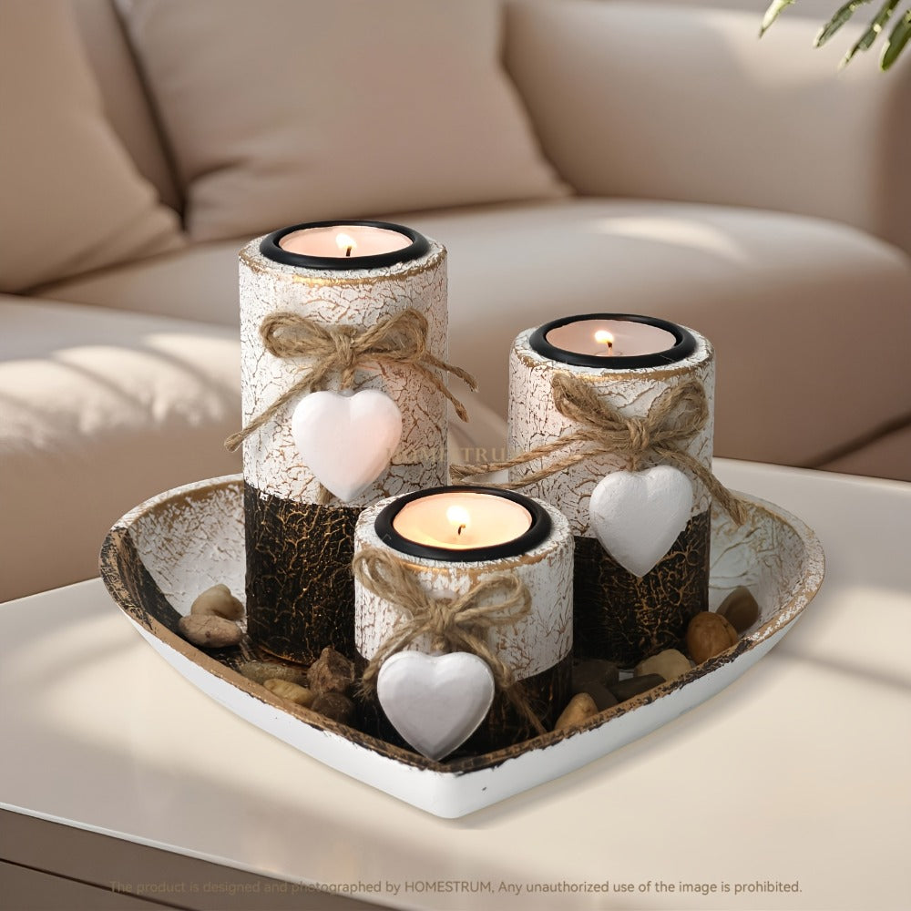 Wooden Candle Holder Set of 4 ¨C Love Heart Tray, Tea Light Holder, Knot Bow Decoration & Decorative Stone Bowl for Home Decor, Valentine's Day, Christmas & Easter Gift