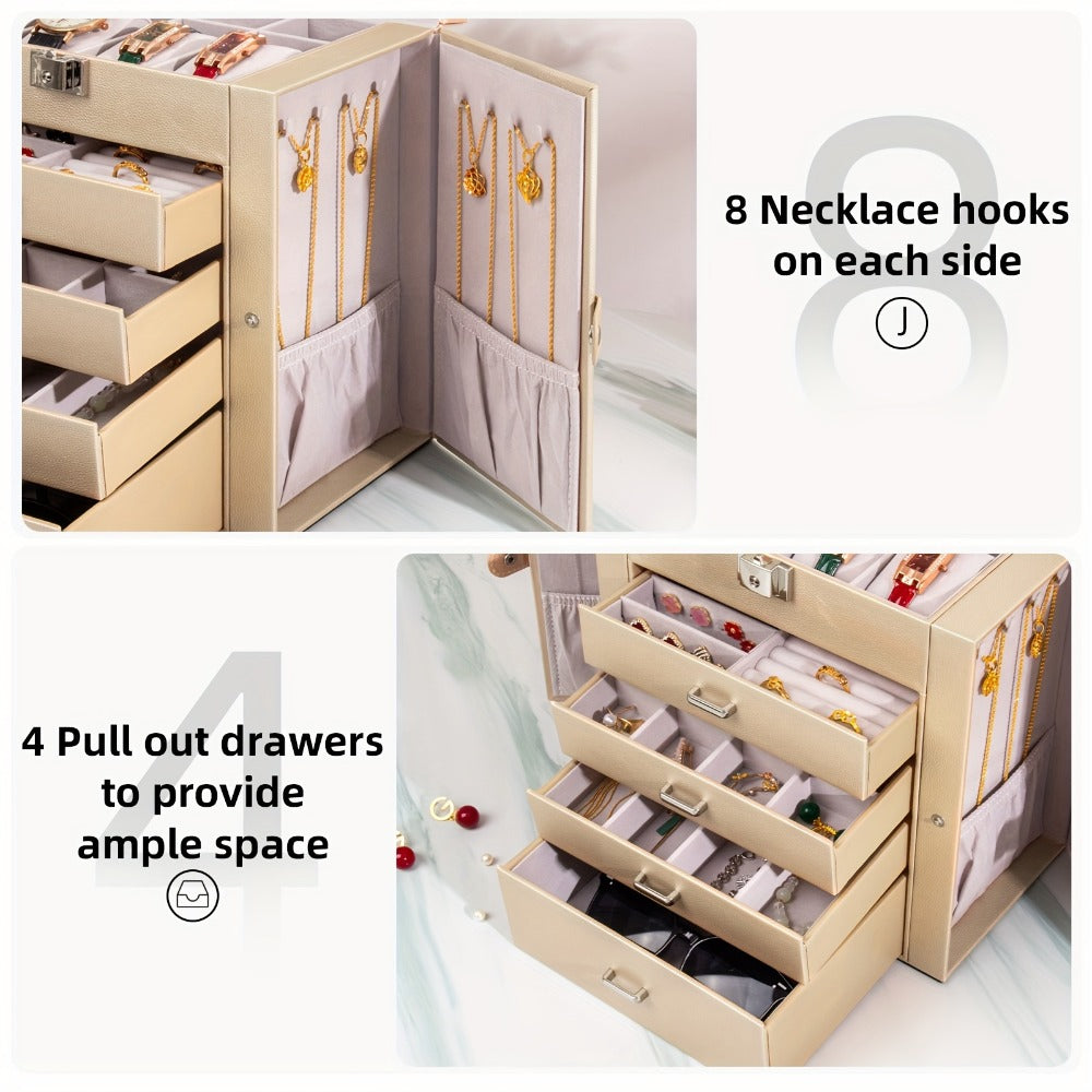 Large Jewelry Box 5-Tier PU Leather Organizer with Lock & Mirror ¨C Storage Case for Bracelets, Earrings, Rings & Necklaces