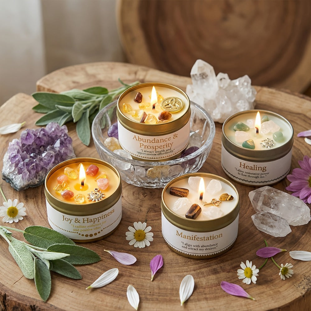 Manifestation Candles Scented Soy Wax with Golden Crystal ¨C Law of Attraction Abundance Candle for Meditation, Yoga & Focus | Spiritual Gift for Women with Guidance Card | Christmas, Birthday, New Year