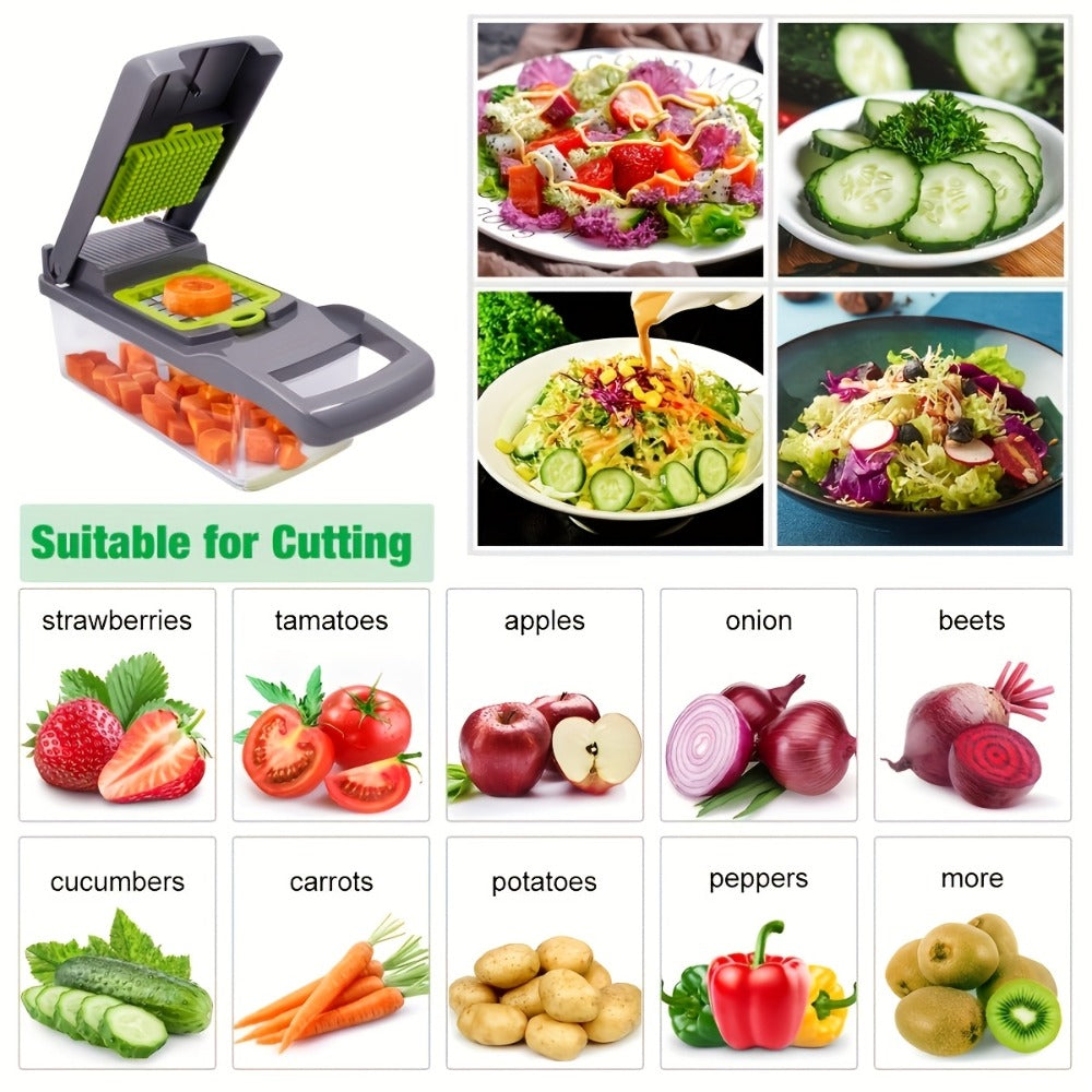 Vegetable Chopper 16-in-1 Manual Food Chopper Set ¨C 8 Stainless Steel Blades, 304 Container, Peeler & Filter | Onion, Garlic & Carrot Slicer Dicer | Professional Kitchen Meal Prep Tool
