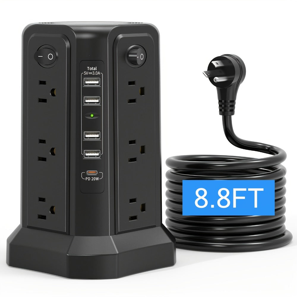 Power Strip Tower Surge Protector 16 AC Outlets 5 USB Ports PD20W USB-C Fast Charging Flat Plug Extension Cord 1500J Overload Protection Desktop Charging Station for Home Office Dorm