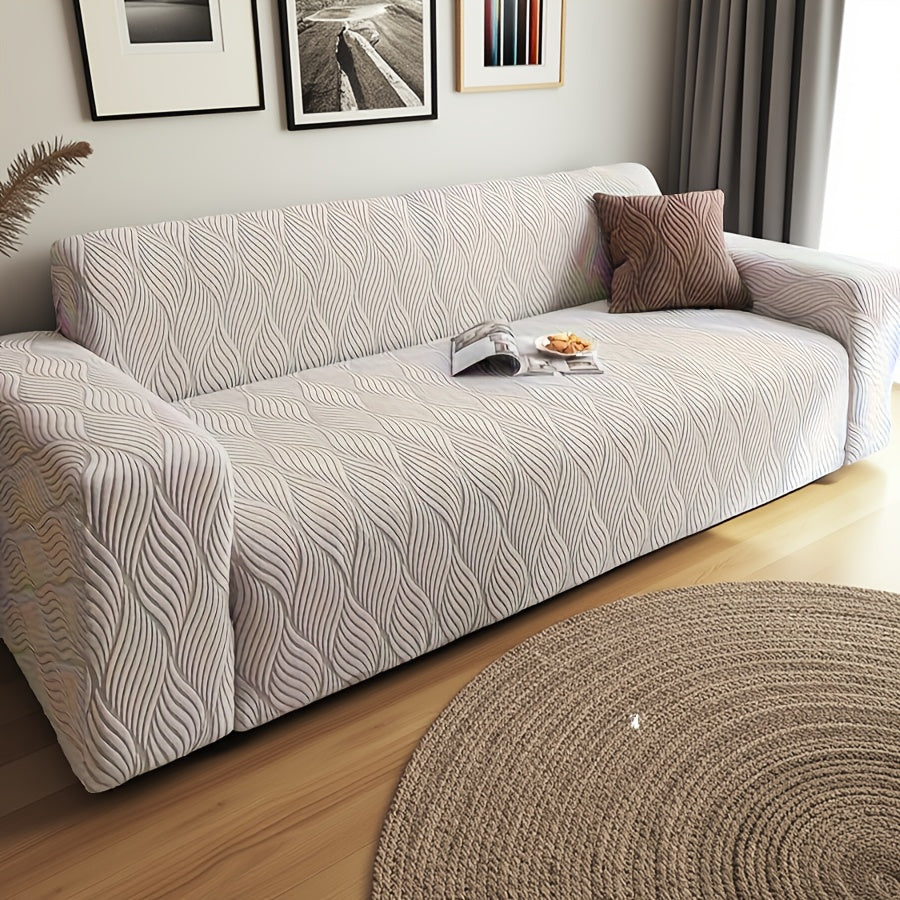 Polar Fleece Sofa Cover Modern Jacquard Elastic Slip-Resistant All Season Furniture Protector for Living Room Office Bedroom - 1 2 3 4 Seater with Free Matching Pillowcase