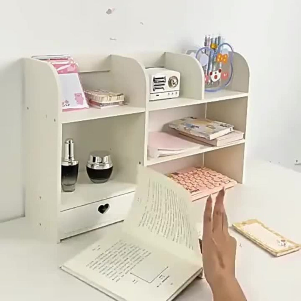 Desktop Organizer Double Layer Desk Shelf ¨C 2-Tier Storage Rack for Office Supplies, Stationery, Cosmetics | Space-Saving Bookshelf for Bedroom, Dorm, Home Office, Waterproof Wood-Plastic