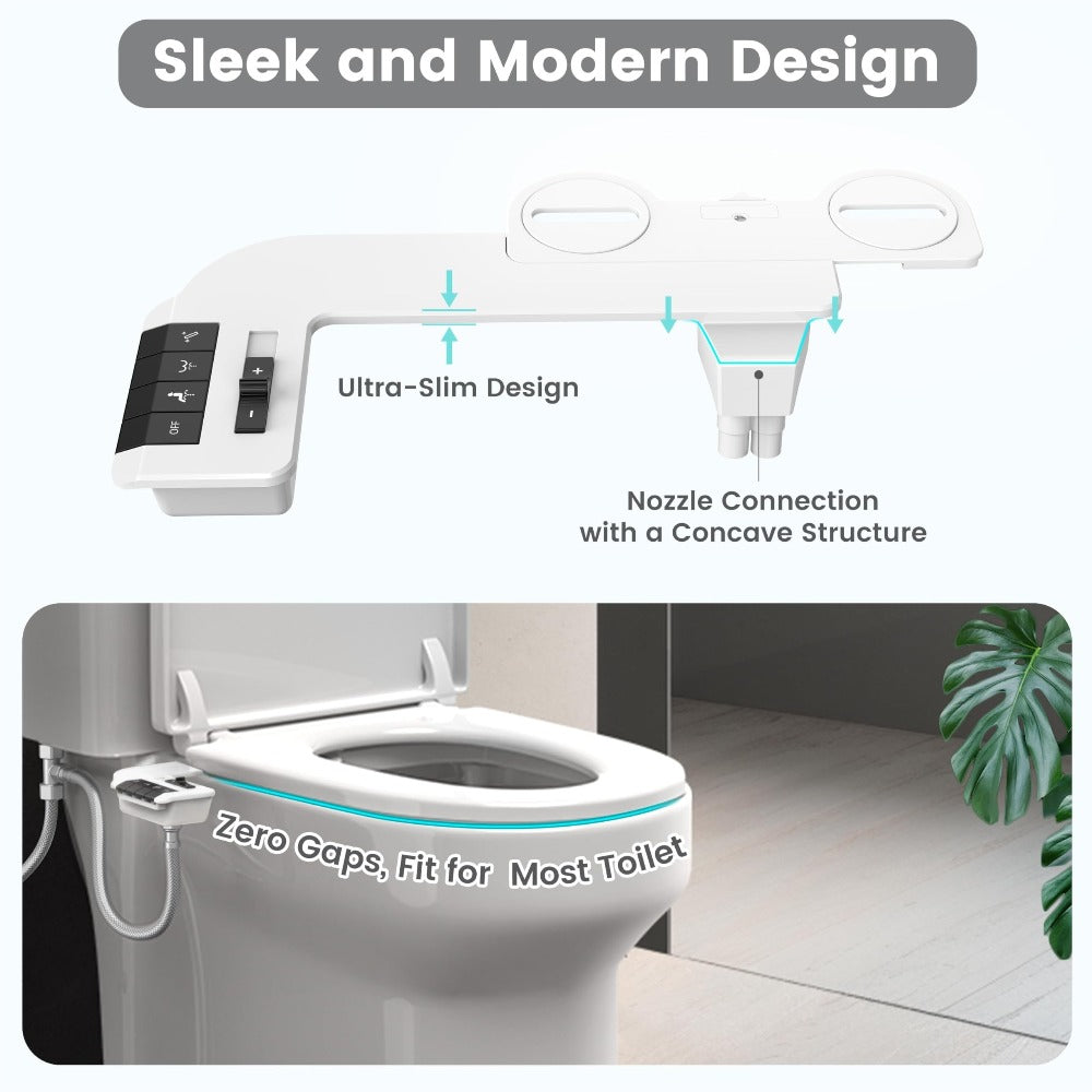 Bidet Attachment for Toilet - Dual Retractable Nozzle Non-Electric Self-Cleaning Fresh Water Bidet Sprayer, Adjustable Water Pressure, Fits Most Toilets, Brass T-Adapter & Metal Hose Included, Easy Install