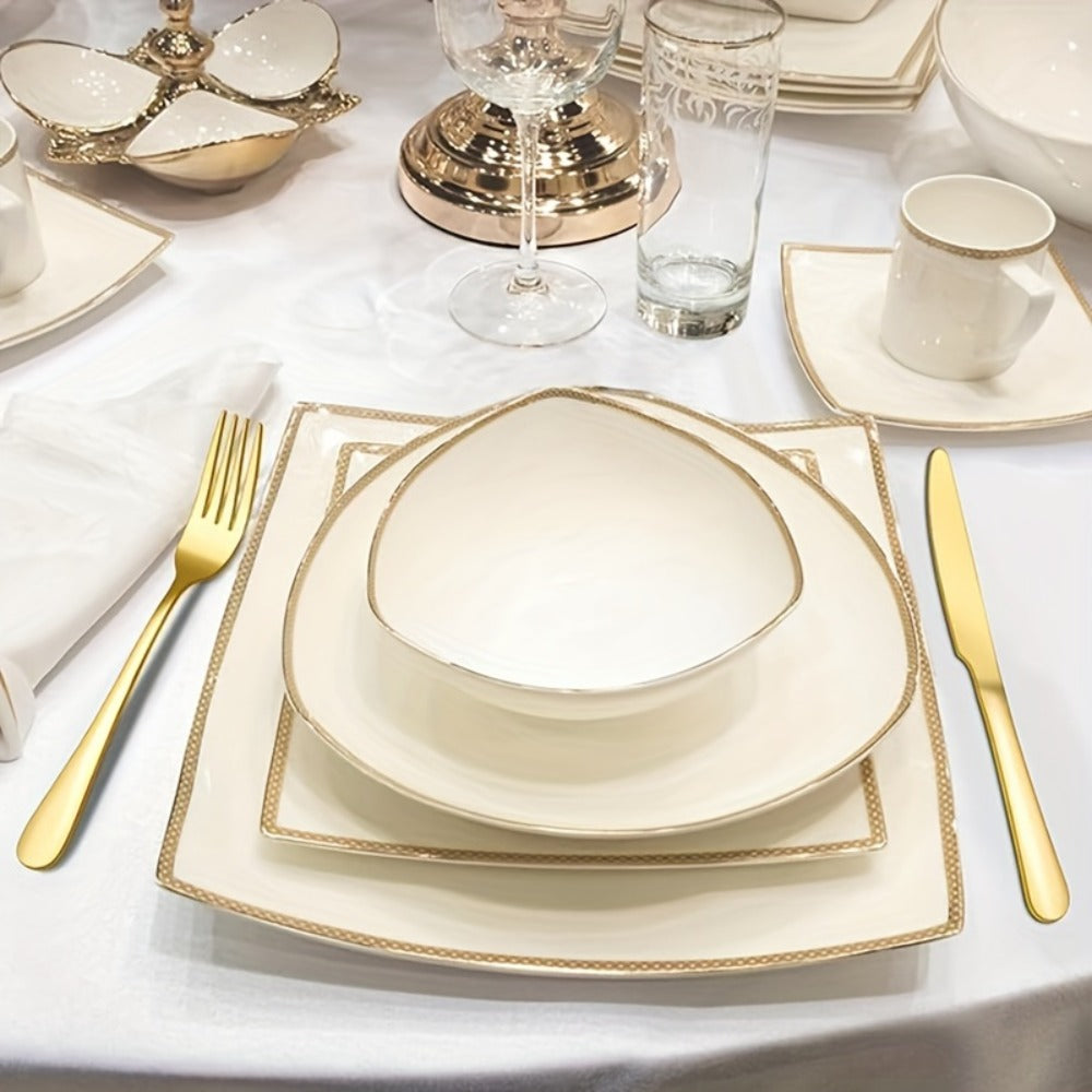 30pcs Golden Stainless Steel Flatware Set for 6 People Mirror Polish Knives Forks Spoons Silverware with Wooden Gift Box for Wedding Celebration Banquet Business Gift