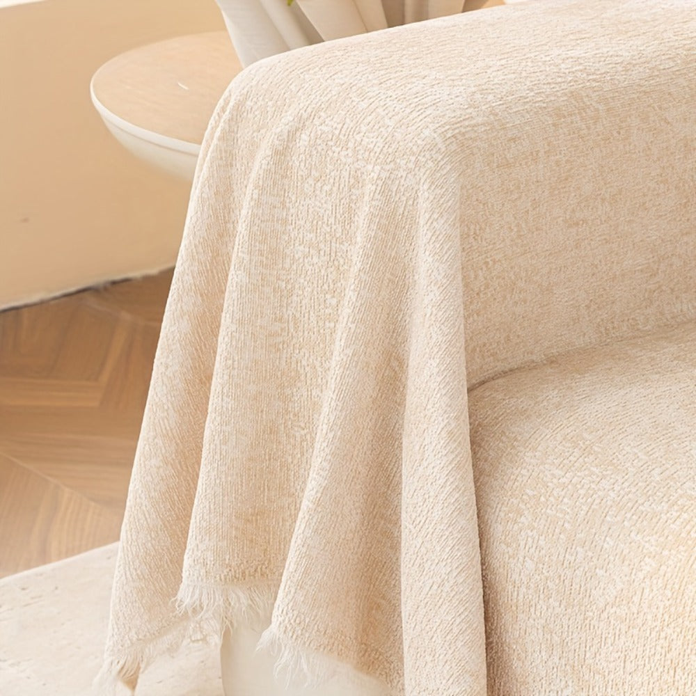 Chenille Sofa Cover with Fringe 300GSM - Super Soft Pet Friendly Solid Couch Slipcover for Single 2 4 Seater Living Room Decoration, 4 Colors