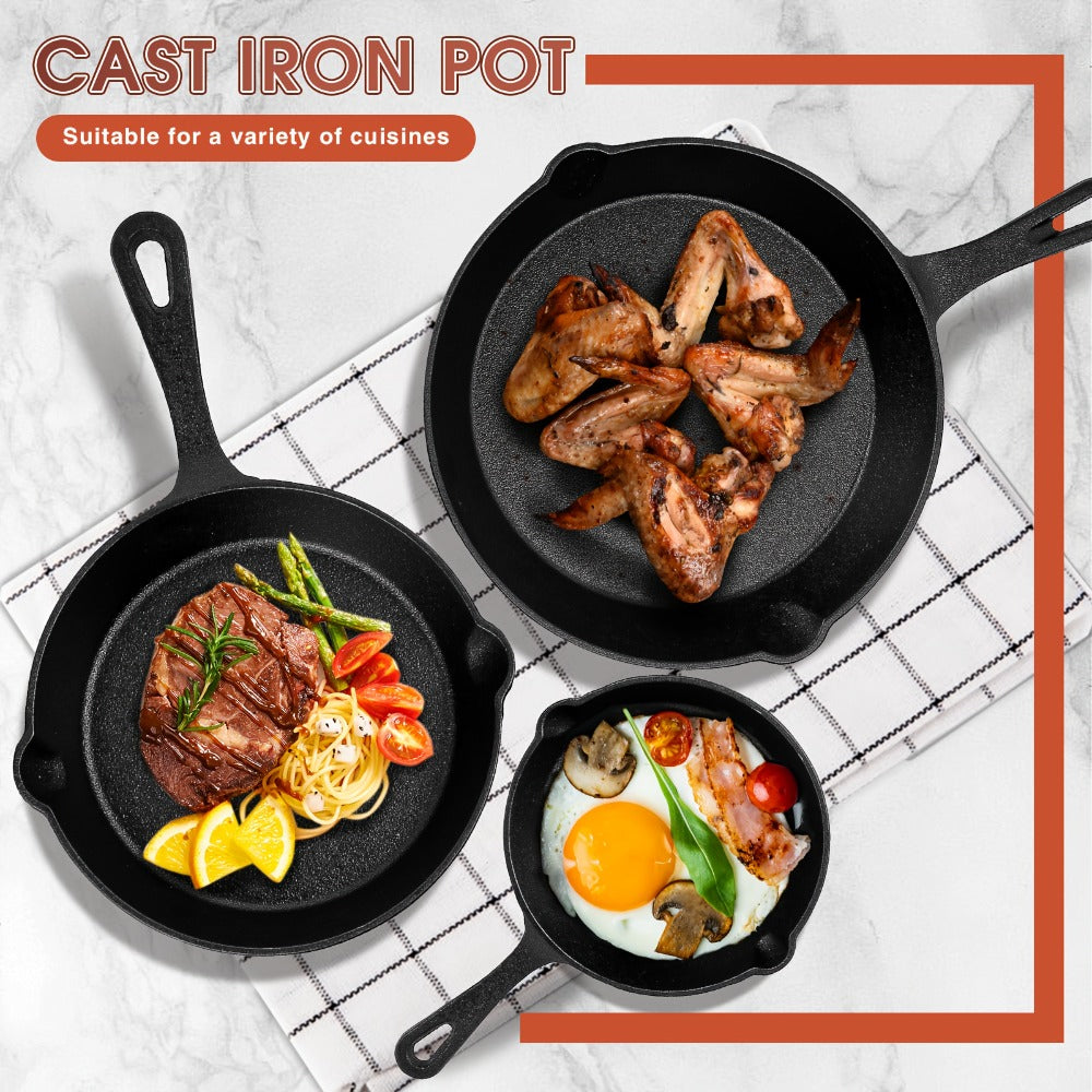 Cast Iron Skillet Set 3pcs - Non-Stick with Drip Spout, Pre-Seasoned Cookware for Holiday Cooking RV Campfire Outdoor Grilling, Heavy Duty Kitchen Frying Pan Set