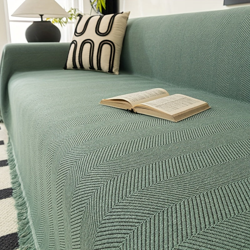 Herringbone Sofa Throw Cover with Tassels Jacquard Woven Solid Color Washable Polyester Sofa Blanket Slipcover for 3 4 Seater Couch Living Room - Grey Coffee Green Blue