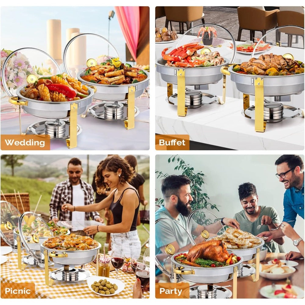 Stainless Steel Chafing Dish Set Buffet Warmer with Food Trays Water Trays Fuel Holders Mirror Finish Gold Handles Commercial Catering Buffet Server