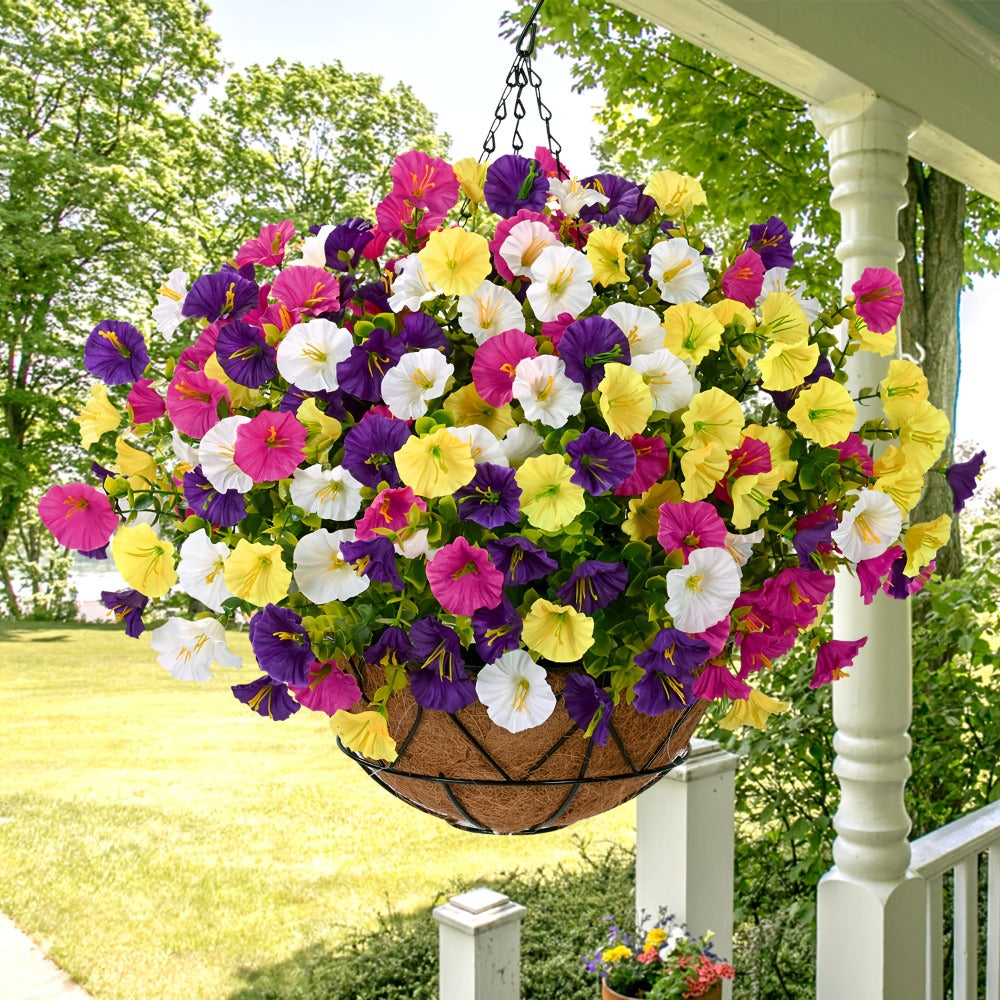 Artificial Hanging Flowers Outdoor UV-Resistant Fake Petunias with Planter Basket ¨C Realistic Faux Hanging Plants for Garden Patio Porch Balcony Railing Decor