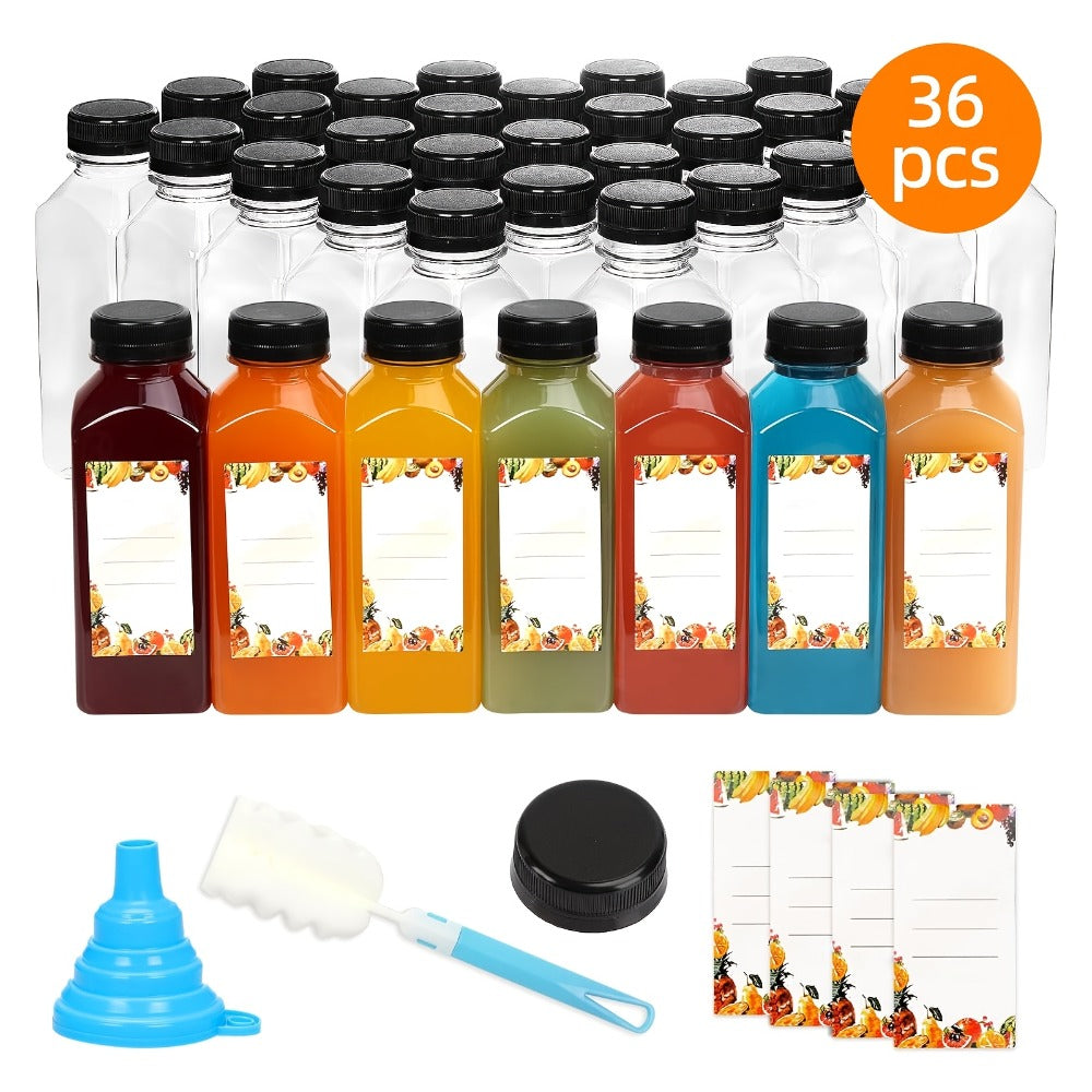 Plastic Juice Bottles with Lids - Clear Reusable Drink Containers for Juice Smoothies Water and Beverages, Available in 12oz and 16oz in Sets of 20, 36, 56 or 100, Includes Funnel and Cleaning Brush