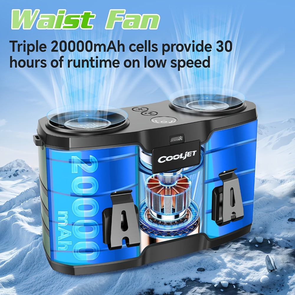 Portable Waist Fan 20000mAh ¨C Dual Vent 7W Brushless Motor, 10 Speed Levels, 4 Wearing Modes, LED Digital Display, USB-C Charging, Wearable Neck & Waist Cooling Fan for Outdoor Camping Hiking Fishing
