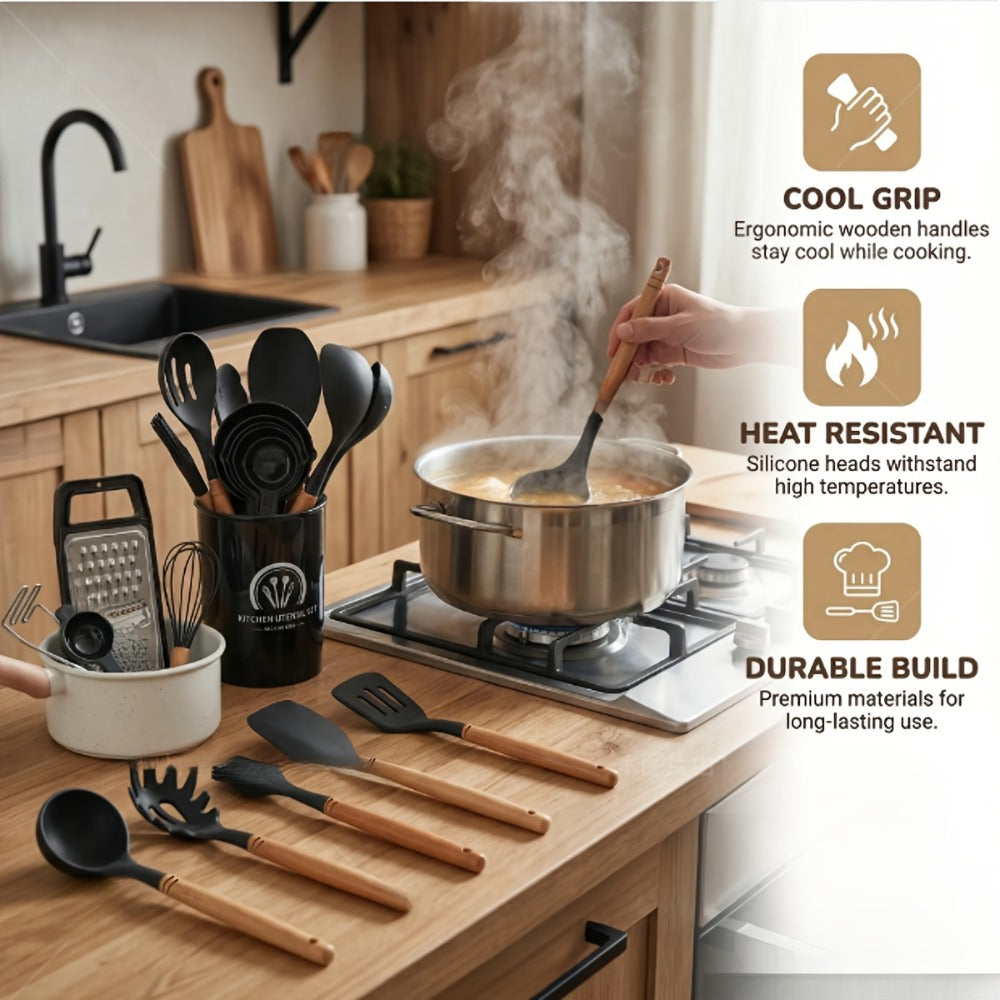 Silicone Kitchen Utensil Set 12PCS with Wooden Handle - Heat Resistant Non-Stick Safe Cooking Spatula Spoon Turner Tongs Brush with Holder for Home Restaurant Gift