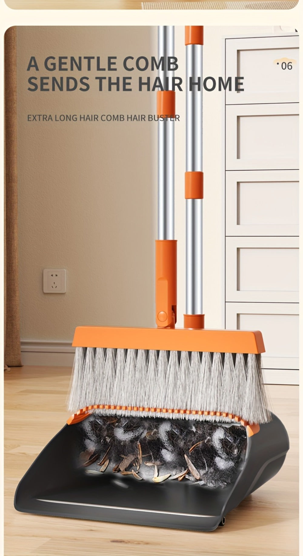 Folding Broom and Dustpan Set 50 Inch Extended Handle - Dense Elastic Bristles Wide Deep Dustpan for Dust Hair Debris, Foldable Broom for Home Kitchen Bathroom Bedroom Living Room, Blue White Black Orange Khaki