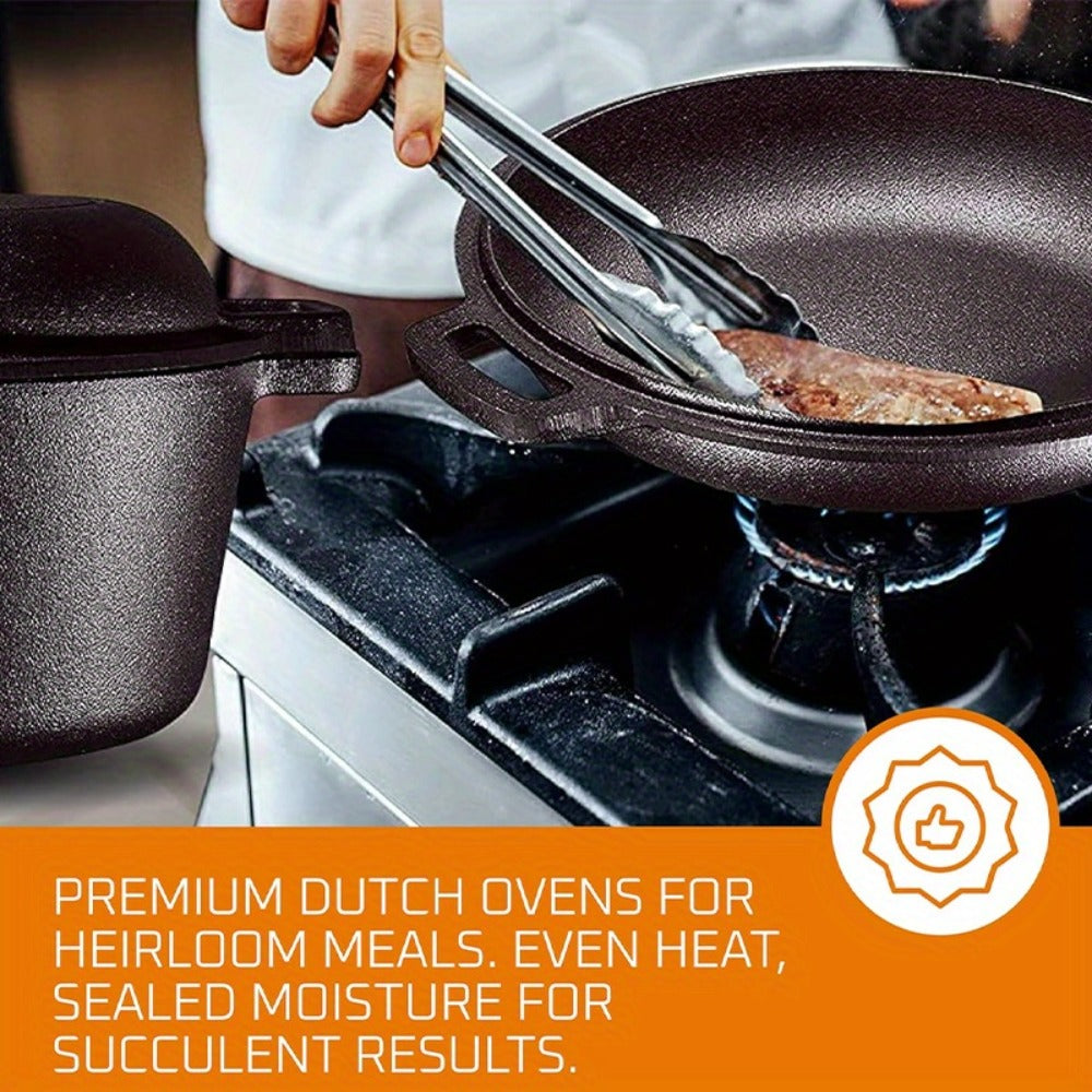 Cast Iron Dutch Oven Set ¨C 6.1QT Deep Pot + 1.9QT Frying Pot, 2-in-1 Cookware with Silicone Handles, Iron Frame & Scraper, Oven, Stovetop, Induction & BBQ Compatible, 6-Pack Bundle