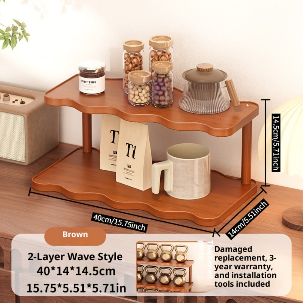 Ladder Cup Holder Rack 2-3 Tier Wave Style | Countertop Organizer for Coffee Mugs Teacups Water Glasses | Kitchen Counter Dining Table Entryway Dessert Display Shelf Brown