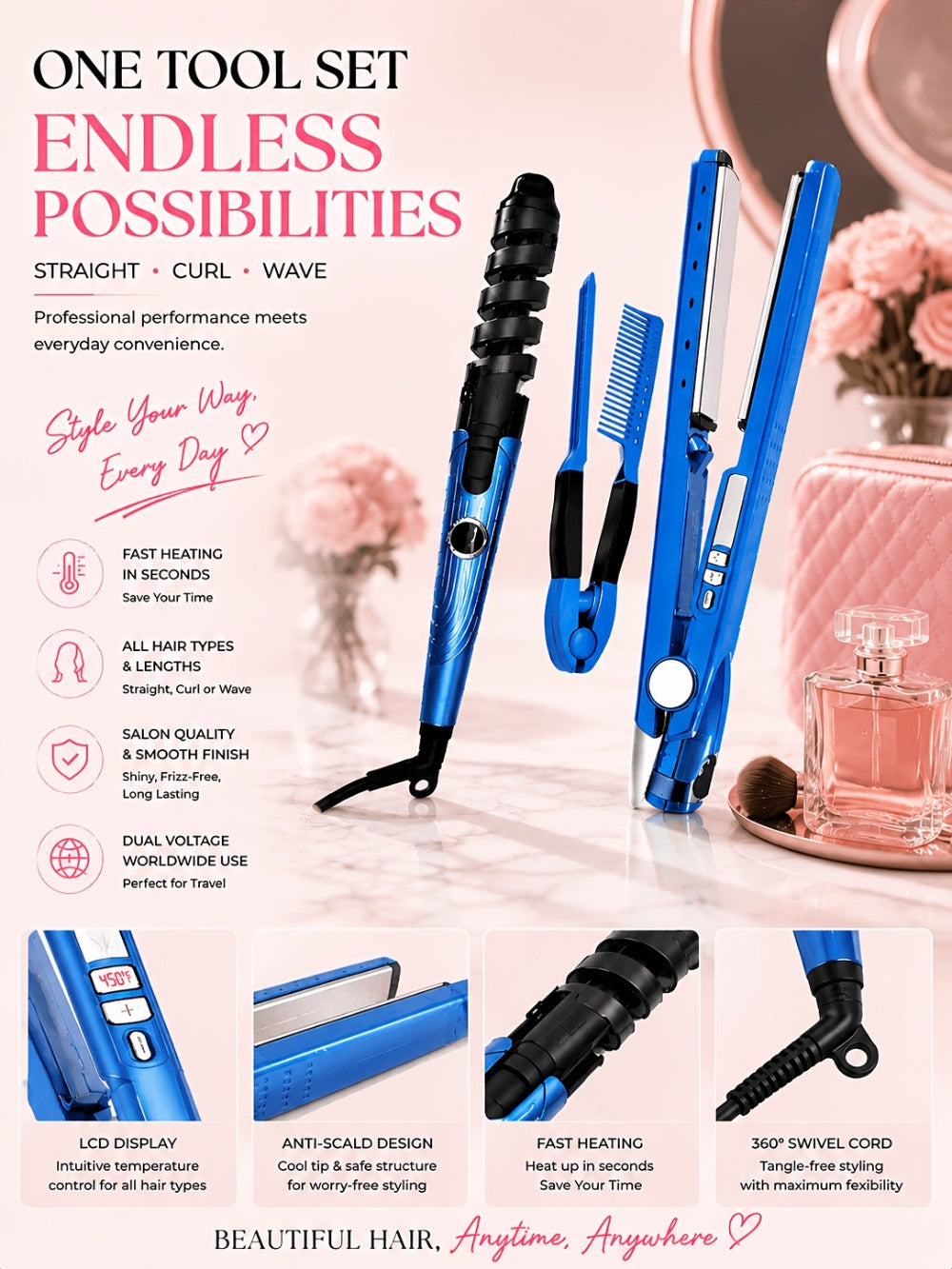 3-in-1 Hair Styling Set Flat Iron Curling Iron & Styling Comb, Anti-Scald Hair Straightener & Curler for Big Waves Straight Hair Curls, Professional Hair Tools Gift for Women, Mother's Day Birthday