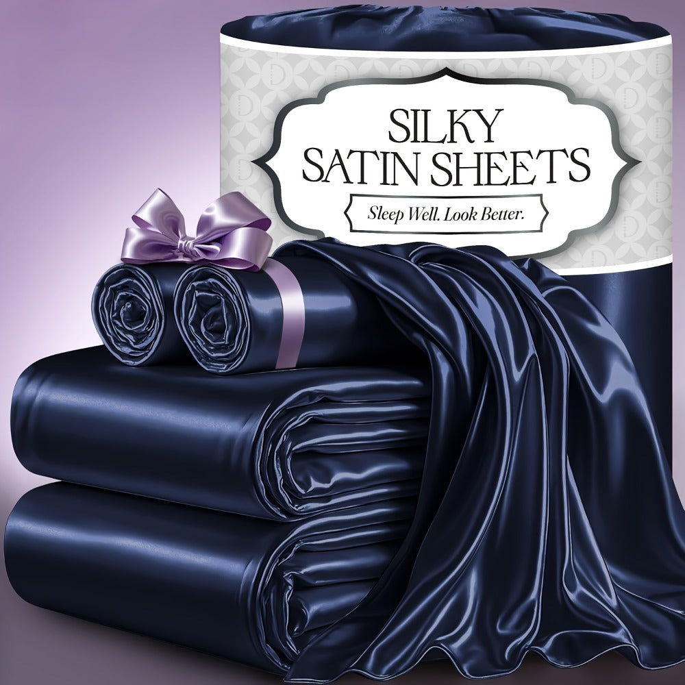 Satin Bed Sheet Set 4-Piece, Cooling Silky Soft Microfiber Sheets with Deep Pocket Fitted Sheet, Flat Sheet & 2 Pillowcases, Breathable Lightweight Bedding for Twin Full Queen King