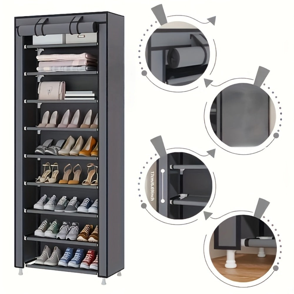 Shoe Storage Organizer 10 Tier Portable Stackable Shoe Rack with Nonwoven Fabric Cover for Closet Hallway Bedroom Entryway Grey