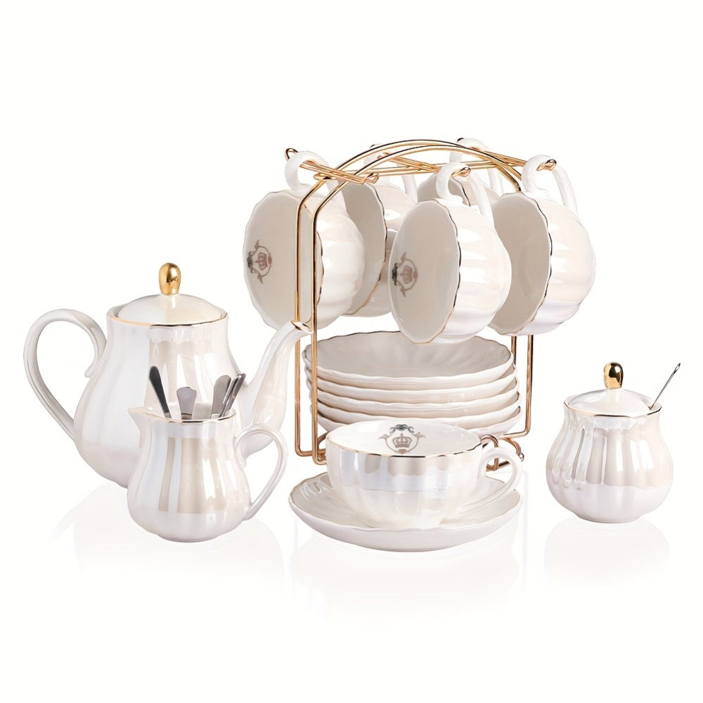 Porcelain Tea Set Service for 6 British Royal Floral Design with Teapot Sugar Bowl Cream Pitcher Teaspoons Tea Strainer 8oz Cups Saucers for High Tea Wedding Party Gift