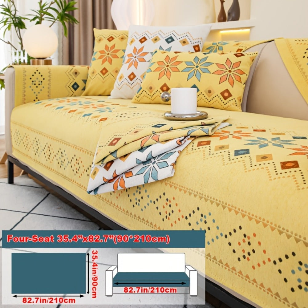 Chenille Sofa Cover Bohemian Style Jacquard Knit Anti-Slip Pet Friendly All Season Sofa Mat Protector - Single 2 3 4 Seater Armrest Backrest Pillow Case Grey White Yellow