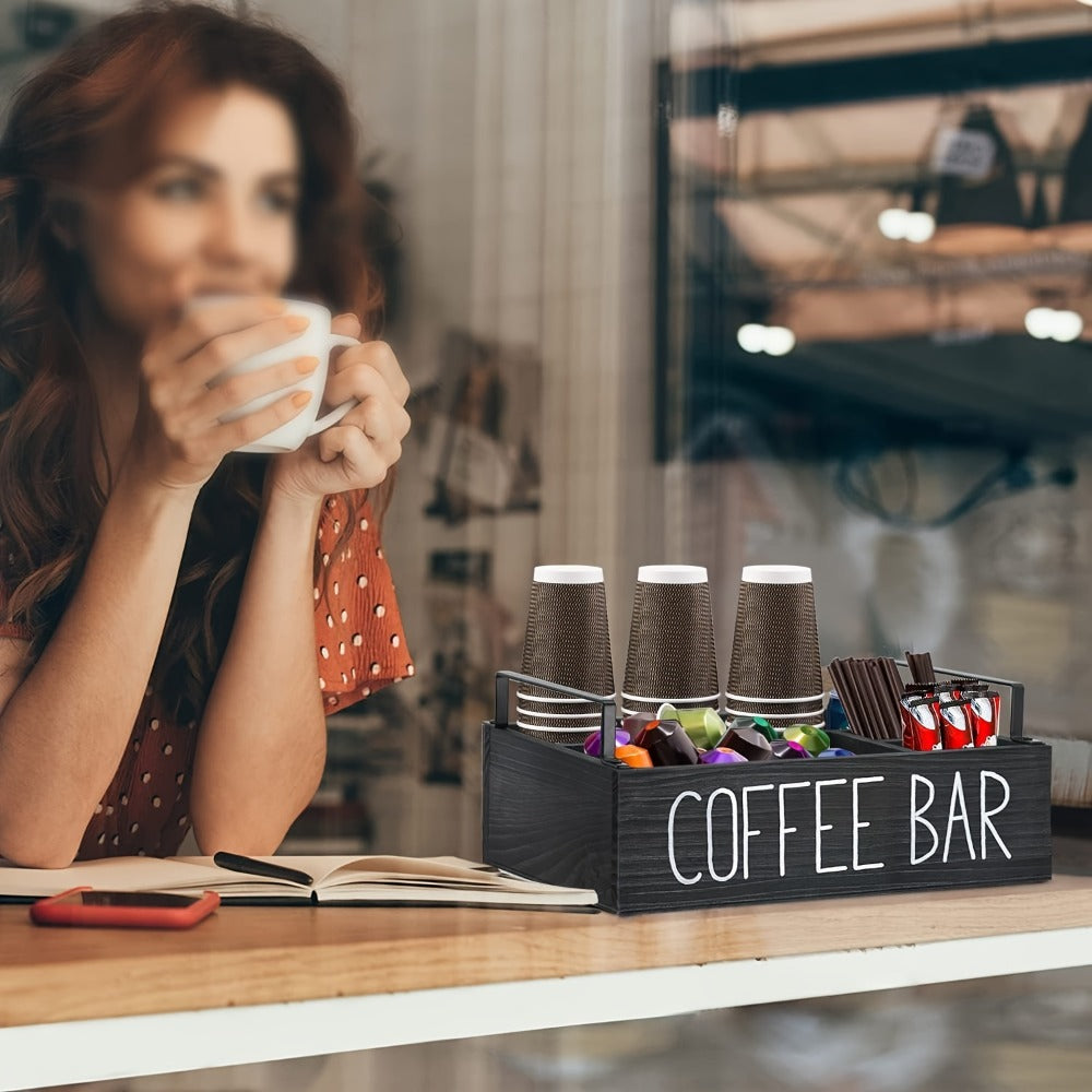 Coffee Bar Organizer Wooden Farmhouse Style - Rustic COFFEE BAR Sign Storage Tray for Pods Sugar Creamer Accessories, Waterproof Rectangular Countertop Organizer for Kitchen Coffee Station Decor