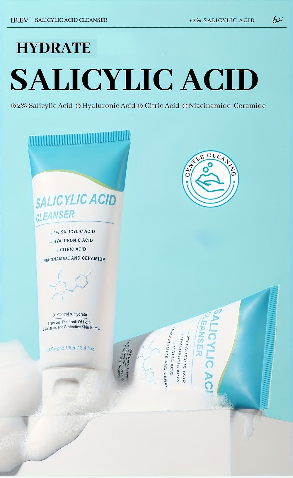 Salicylic Acid Facial Cleanser Gel ¨C Deep Cleansing & Moisturizing with Hyaluronic Acid, Non-Comedogenic, Paraben-Free, Fresh Scent, for All Skin Types, Men & Women, Daily Face Wash