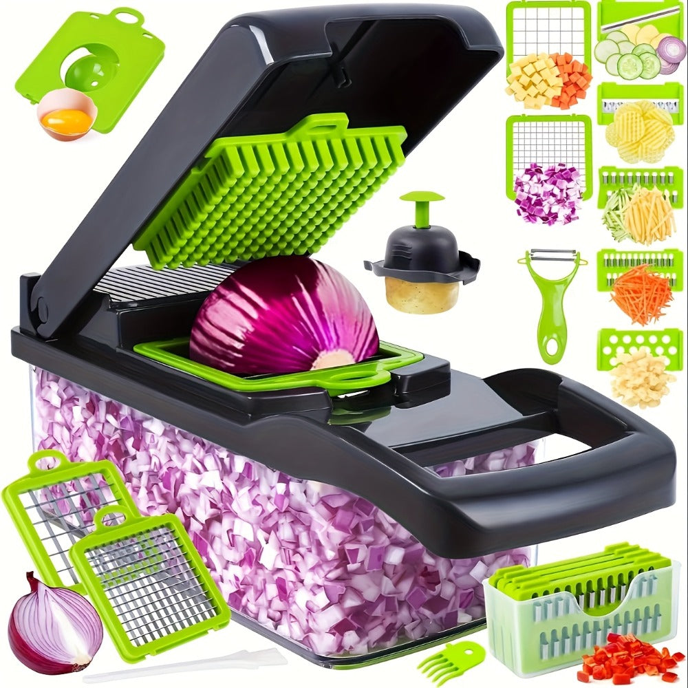 Vegetable Chopper 16-in-1 Manual Food Chopper Set ¨C 8 Interchangeable Blades with Container, Grater & Strainer ¨C Professional Onion Slicer & Dicer for Carrots, Garlic & Salad Kitchen Prep