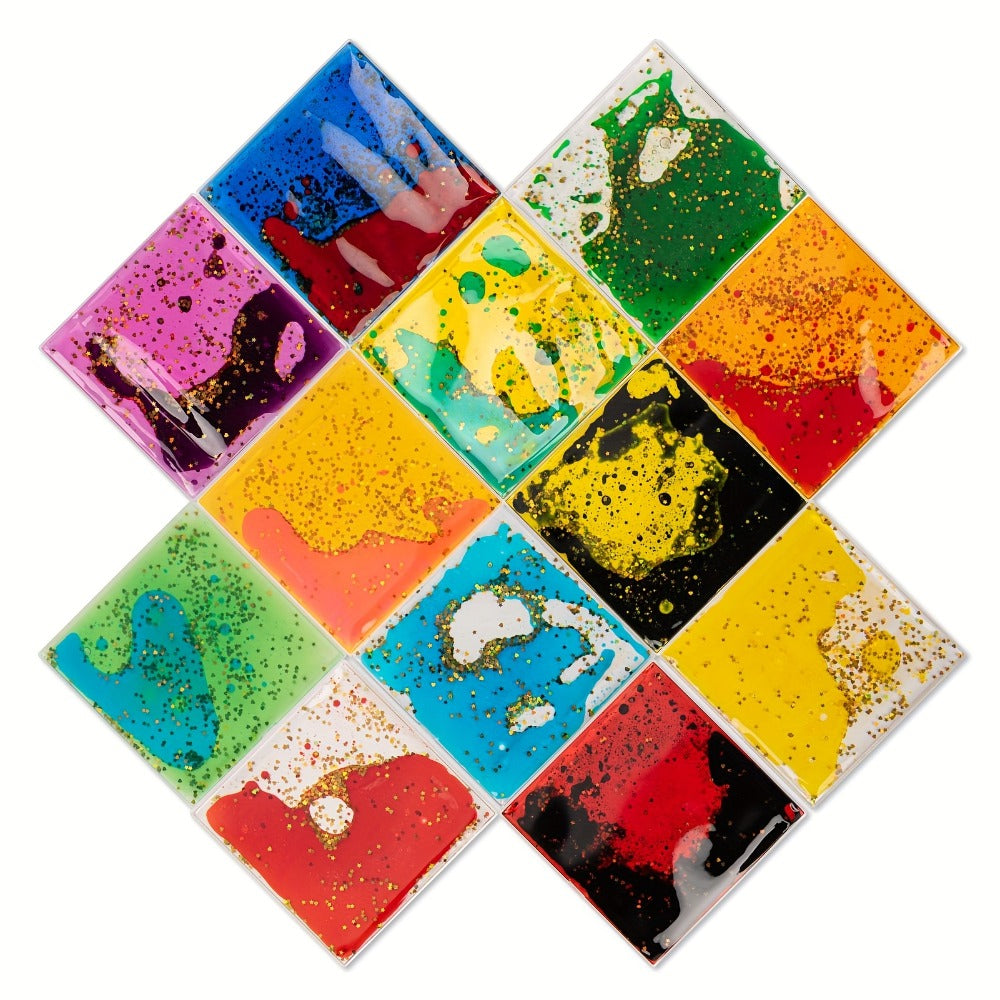 Liquid Tiles Vinyl Flexible Wall Stickers 12-Pack ¨C Geometric Sensory Tiles for Wall & Floor Decor, Stress Relief Fidget Tiles, Square & Hexagon Shapes, 5.9 x 5.9 Inches Each