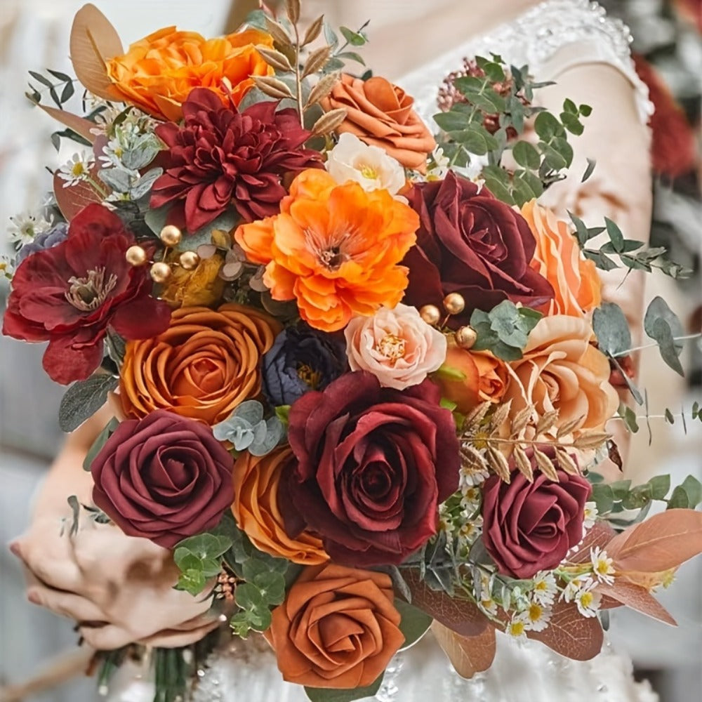 Artificial Flowers Bouquet Set ¨C Foam Roses for Wedding, Fall Halloween Valentine's Day Table Decor, Orange Wine Red Blue