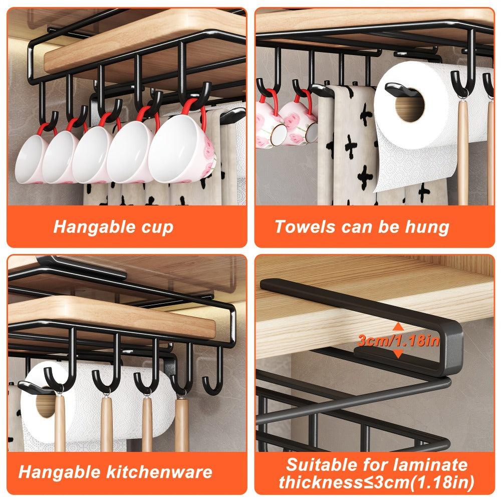 Under Cabinet Organizer Rack with Hooks ¨C Heavy Duty Carbon Steel Kitchen Shelf for Utensils, Towels, Cups & Cutting Boards ¨C No-Drill Door-Mount Space-Saving Kitchen Storage