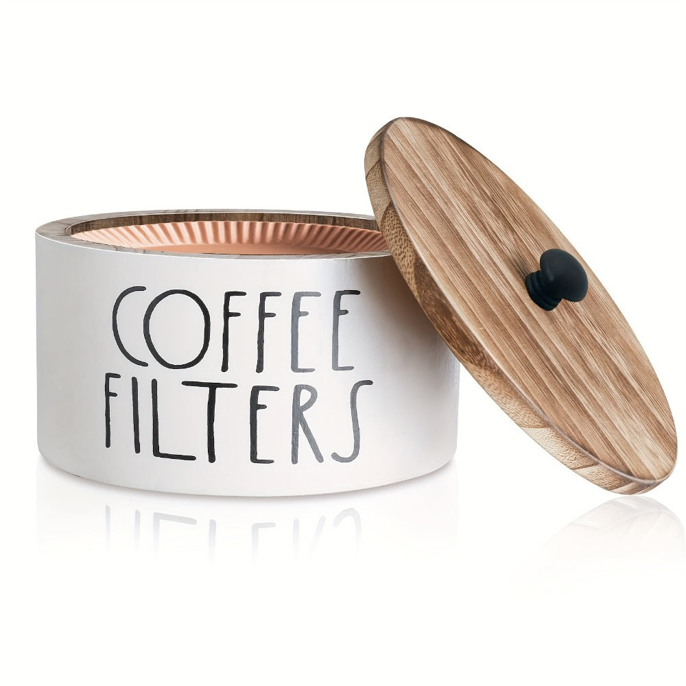 Coffee Filter Holder with Lid Rustic Wooden Storage Box for Coffee Filters and Accessories Farmhouse Style Countertop Organizer Dust-Proof Hardwood Container for Coffee Bar Kitchen Decor
