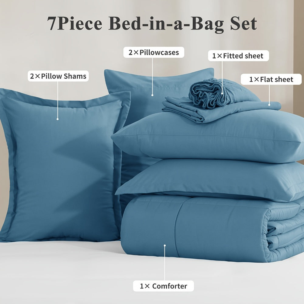 7 Piece Comforter Set Luxury Soft Fluffy Bedding All Season Bed in a Bag with Comforter Fitted Sheet Flat Sheet Pillowcases Hypoallergenic Breathable Easy Care Queen King Twin XL Full