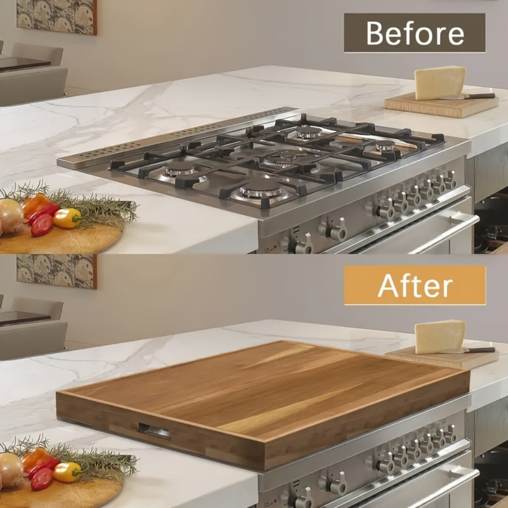 Acacia Wood Stove Top Cover Board 30x22 Inch, Gas Stove Cover with Handle Groove & Ventilation Holes, Extra Counter Space Cutting Board Serving Tray for Kitchen RV Camper, Multifunctional Charcuterie Board