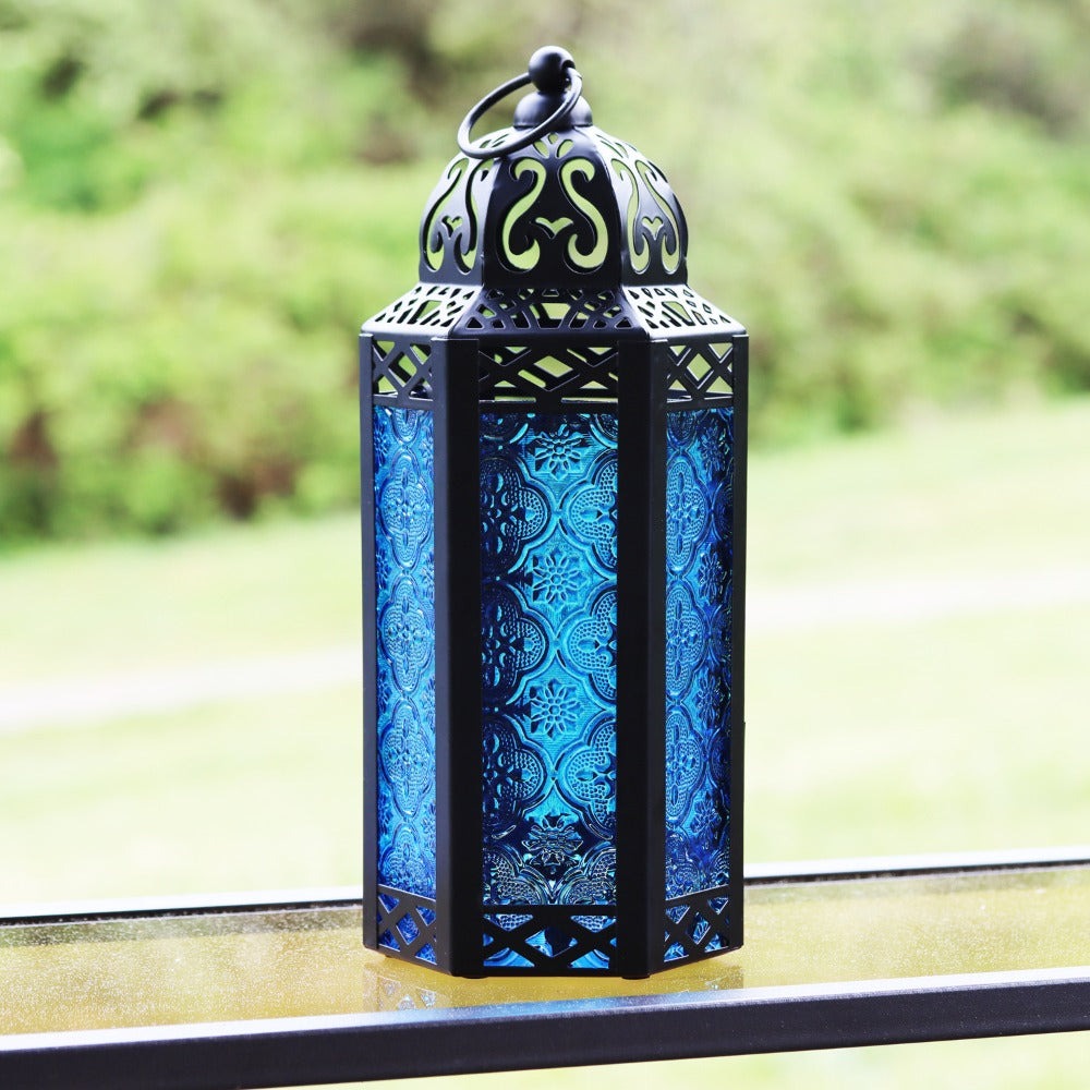 Moroccan Candle Lantern Holder - Decorative Metal & Glass Lantern with Embossed Floral Design for Indoor Home Decor, Garden, Patio, Weddings, Ramadan, Halloween & Holiday Celebrations - 10.5¡± Tall Medium Size