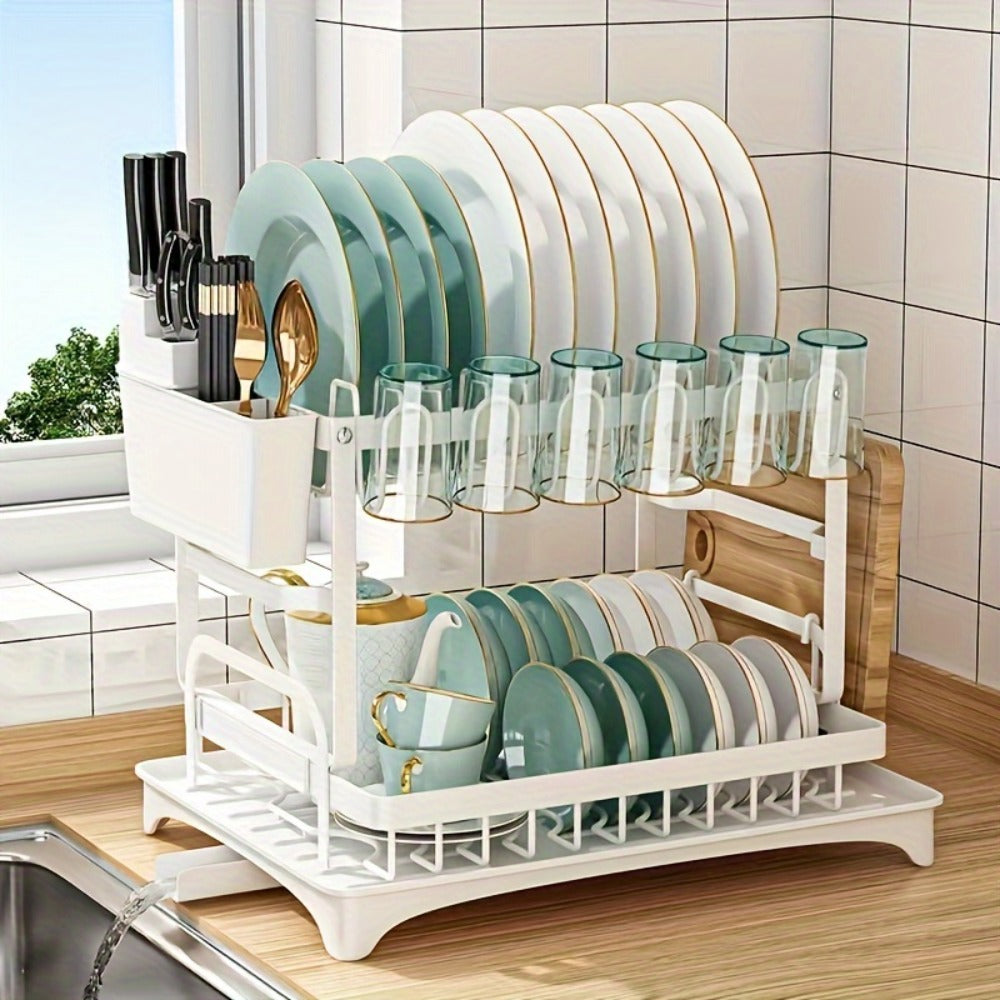 2-Tier Dish Drying Rack with Drip Tray Large Kitchen Counter Dish Drainer