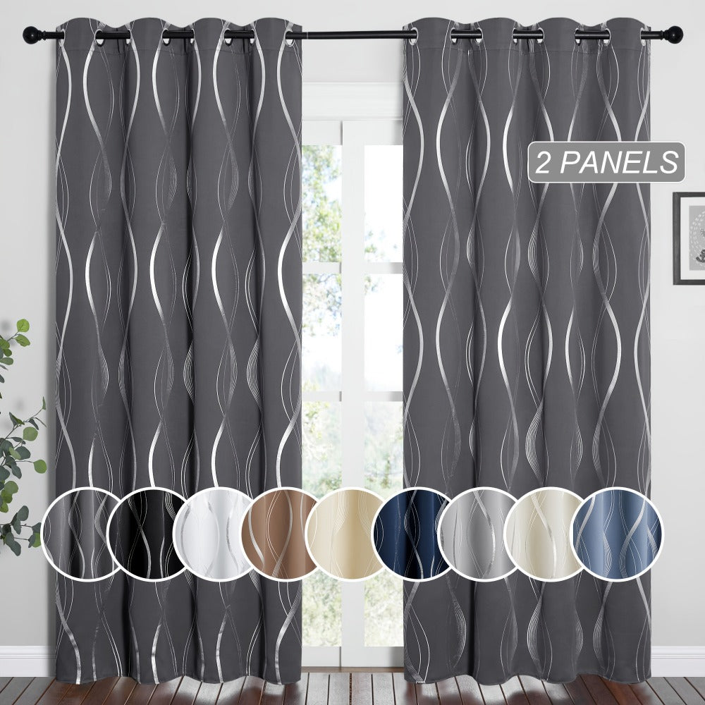 Thermal Insulated Blackout Curtains 2 Panels Wave Line Foil Print Noise Reducing Room Darkening Drapes for Bedroom Living Room Patio Sliding Glass Door