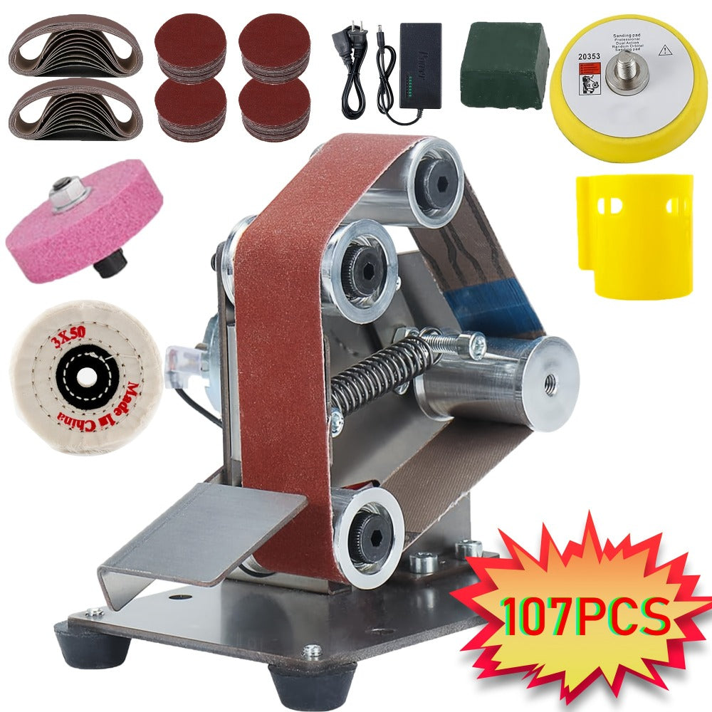 Mini Belt Sander 3-in-1 Electric Desktop Knife Sharpener 15 Degree 7 Speed Adjustable Polishing Machine for DIY Metal Wood Handicrafts Cutting Tools with Sanding Belts