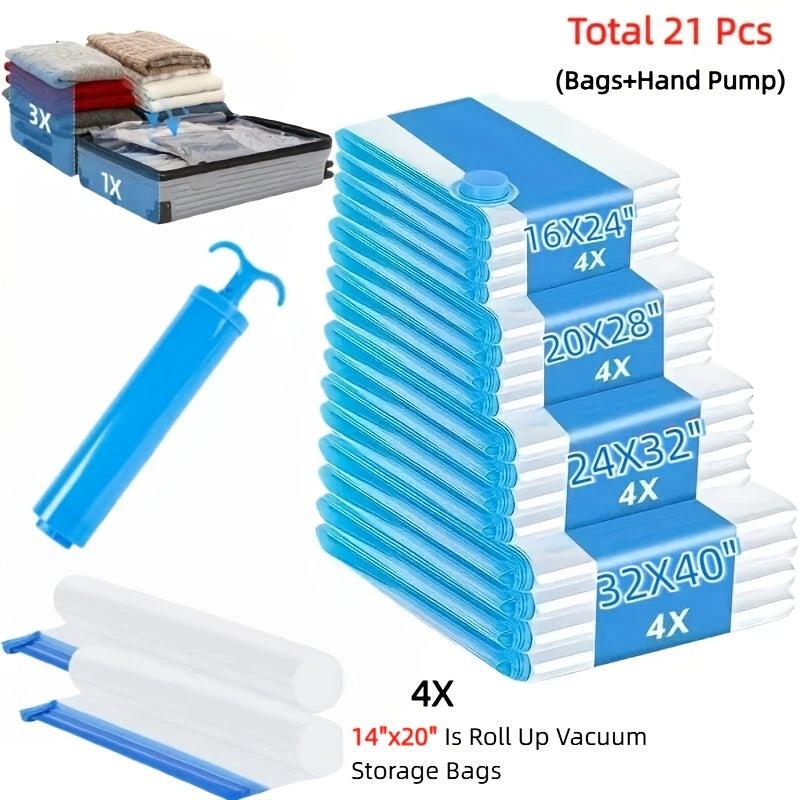 Vacuum Storage Bags with Air Pump, 20-21 Pack Reusable Compression Bags for Clothes, Quilts & Blankets ¡ª 4 Sizes Space-Saving Storage for Travel, Moving & Organizing | Transparent