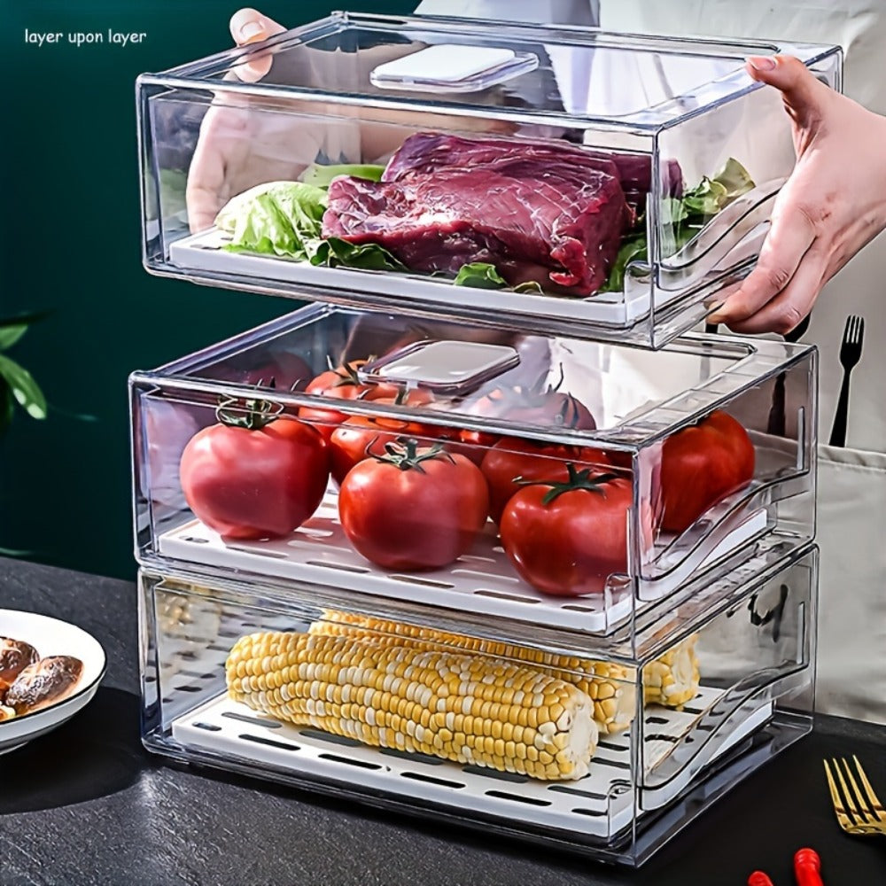 Stackable Fridge Organizer Bins with Drawer, BPA-Free Refrigerator Storage Containers with Drain Board & Ventilation, Clear Food Storage Bins for Kitchen Pantry Freezer, Set of 2