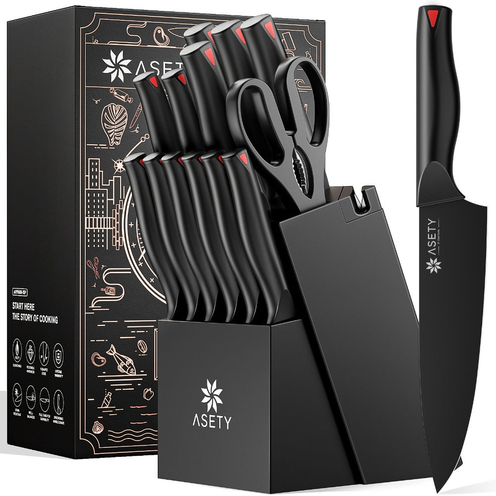 15-Piece Kitchen Knife Set with PP Handle, Professional Chef Knife Set with Block, Stainless Steel Sharp Blade, Ergonomic Non-Slip Handle, Home Cooking & Restaurant Knife Set