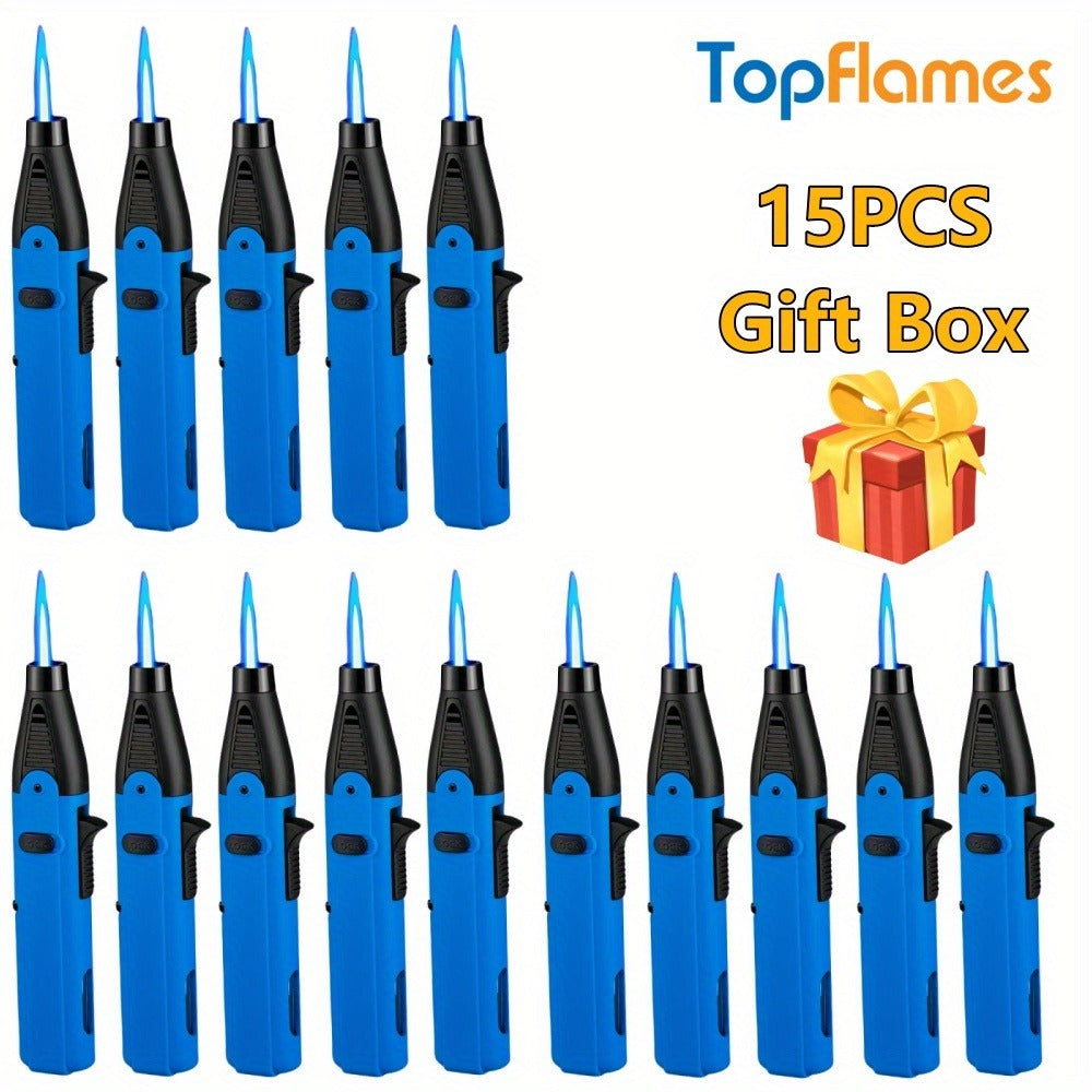 Torch Lighter Set Windproof Jet Flame with Safety Lock & Adjustable Flame - 10/15pcs Long Igniter for Candles, Grill, BBQ & Fireworks | Gift Box | 5 Colors