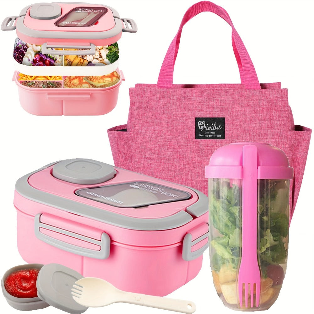 2-Layer Bento Lunch Box Set with Cup and Meal Bag - Multi-Grid Lunch Box for School, Office & Outdoor Picnics, Food Storage Container with Milk Cup, Salad Cup, Coffee Cup or Soup Bowl, Pink Blue Green White
