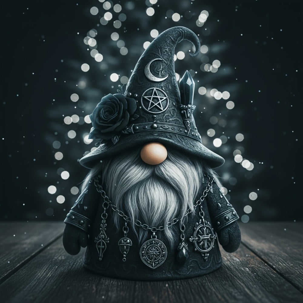 Resin Figurine Gothic Elf Dwarf Statue ¨C Vintage Fantasy Desktop Ornament with Crescent Pentagram Black Rose Gray Beard ¨C Mysterious Collectible Sculpture for Home Office Shelf Decor Gift