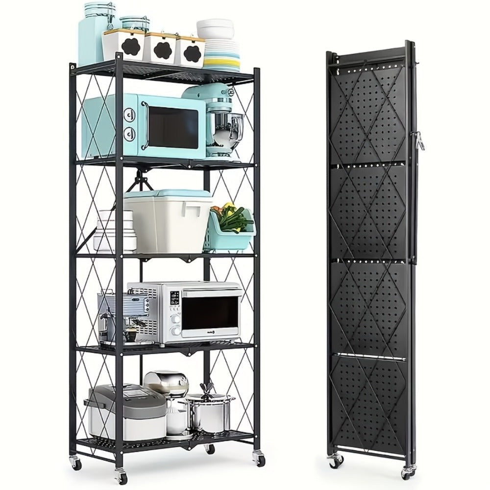 Rolling Storage Rack with Wheels 3 4 5 Tier Folding Shelving Unit No Assembly Required, Freestanding Metal Shelf Organizer for Kitchen Living Room Garage Office Basement, Black White