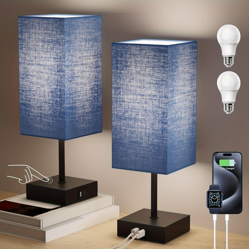 Bedside Lamps Set of 2 3-Way Dimmable Touch Nightstand Lamp USB-C A Charging Port LED Bulb Included Bedroom Living Room Decor Navy Blue Black Brown