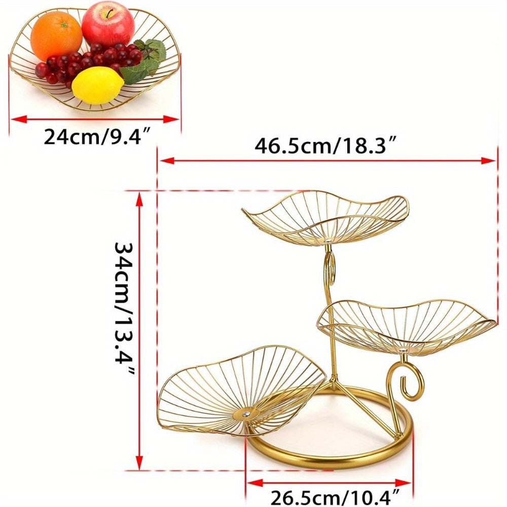 Fruit Basket Stand 3-Tier Decorative Iron Metal Wire Fruit Bowl with Lotus Leaf Design, Countertop Holder for Fruits Vegetables Bread Snacks, Modern Home Kitchen Table Centerpiece Organizer Gold