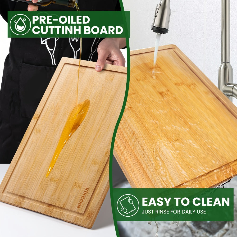 Bamboo Cutting Board Set 4pcs with Rack Juice Groove Knife Friendly Oversized Kitchen Chopping Boards for Meat Vegetables Fruit Multifunctional Gift for Family
