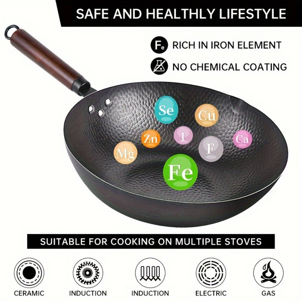 Carbon Steel Wok Pan 12.6 Inch with Lid & 10 Accessories ¨C Uncoated Chinese Stir Fry Wok, Flat Bottom for Electric Induction Gas Stoves, 11-Piece Cookware Set